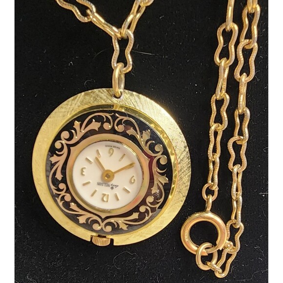 VINTAGE Lady Nelson Pendant WATCH GoldTone Black Necklace Chain Manual Wind VGUC - Picture 2 of 8